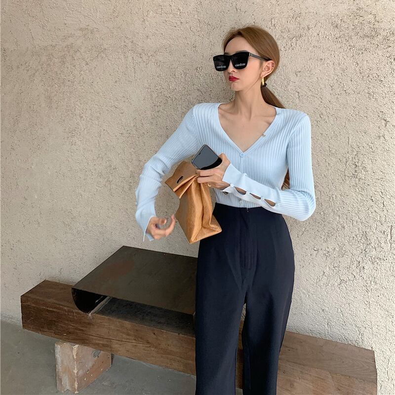 Vネックタイトフィット長袖ブルーウエスタンスタイルカーディガンジャケットレディース2020年秋新作アウターレトロセータートップ ブラックストロベリース61695067252