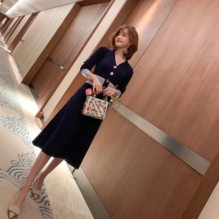 バイカラーVネックニットワンピース 全2色 | LILIANA