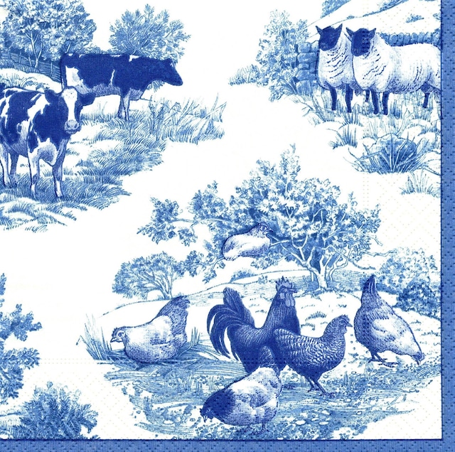 【Caspari】バラ売り1枚 ランチサイズ ペーパーナプキン BARNYARD TOILE ブルーxクリーム