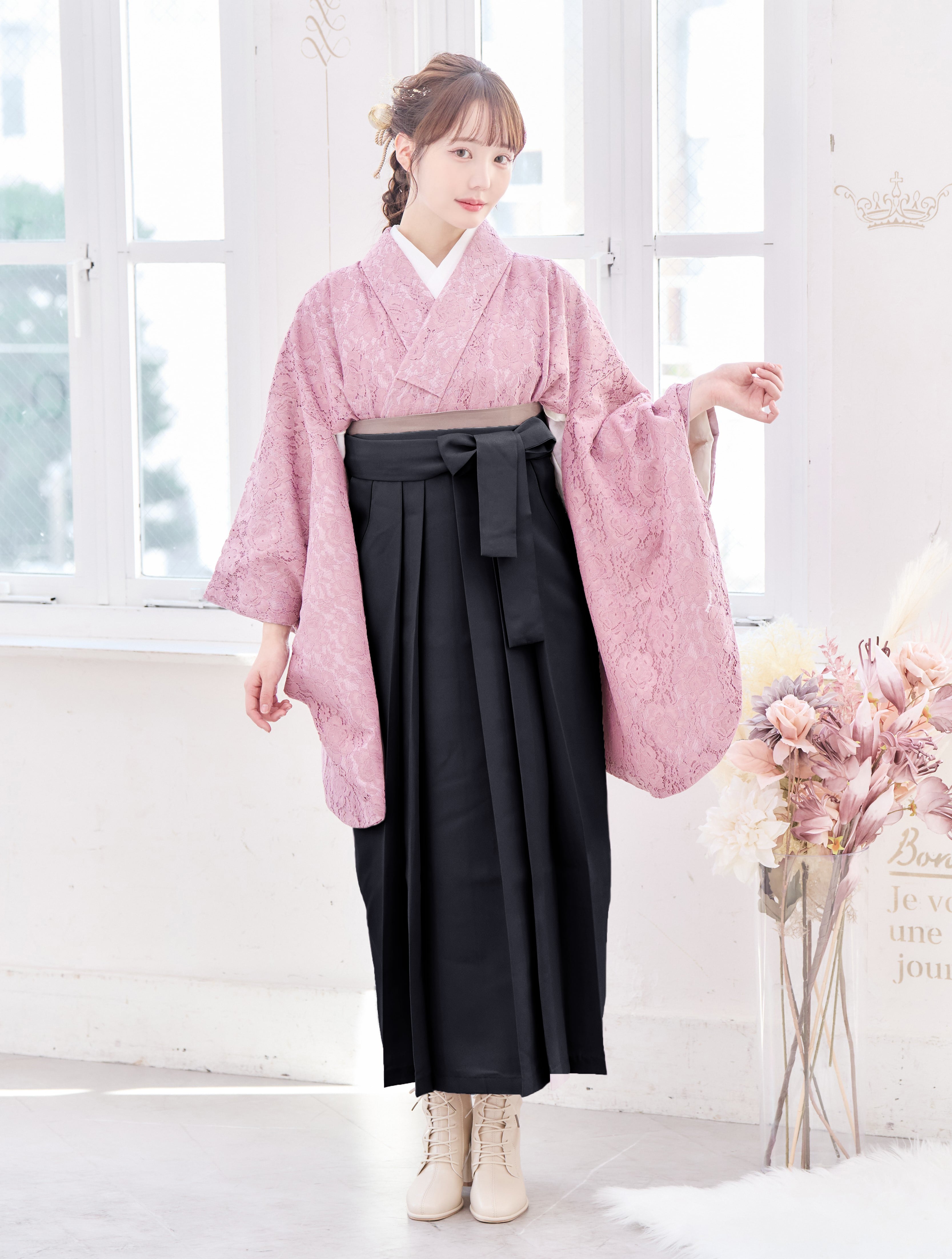 袴4点set】はんなりレース重ね(くすみピンク単色)57LPK/BK | ANDESIR
