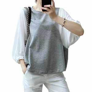【特価処分】[eleitchtee] ブラウス レディース トップス 七分袖 シャツ 夏 ゆったり 半袖 着痩せ 切り替え チェック柄 カットソー 柔らかい カジュアル 普段着 通勤 春 秋