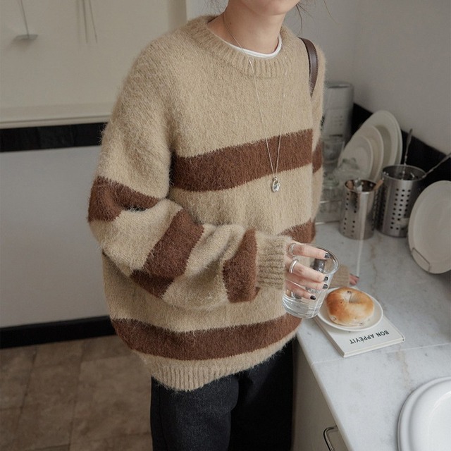 クルーネックボーダーニットプルオーバー 2color [am03590]