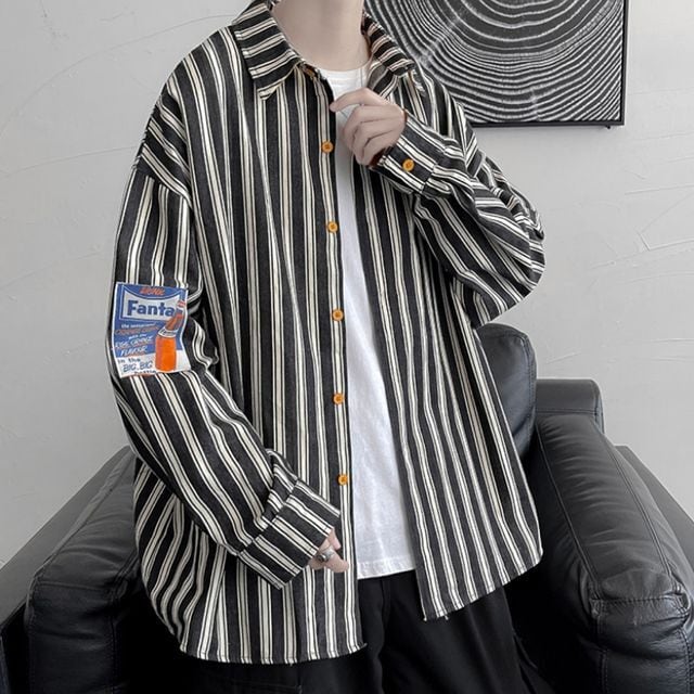 【予約販売】シャツ 長袖 メンズ ストライプ柄 オーバーサイズ レトロ ブラック ブルー カジュアル シンプル こなれ感 お洒落 韓国 トレンド 春 夏 秋 M/L/XL/2XL/3XL/4XL/5XL