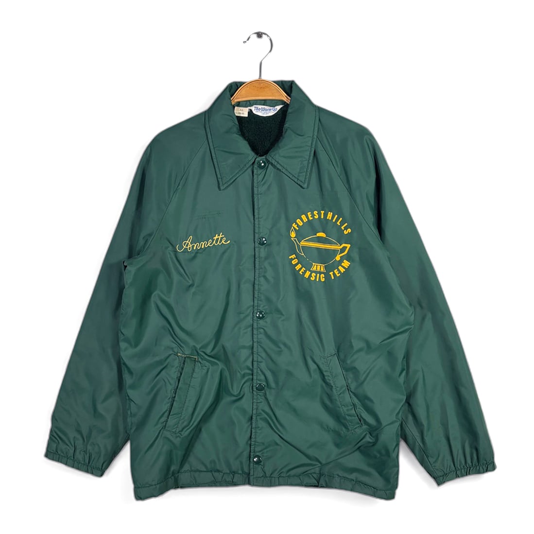 70s THE WARM UP ヴィンテージ コーチジャケット チェーンステッチ刺繍 ダークグリーン ナイロンジャケット サイズS相当 古着 DZ0808