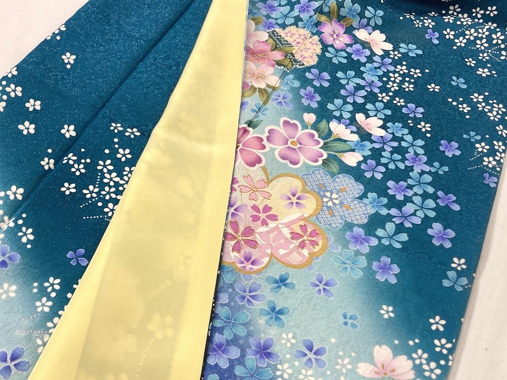 全国宅配無料 京友禅 銀通し 金駒刺繍 2点セット 振袖 袋帯 桜 正絹 青