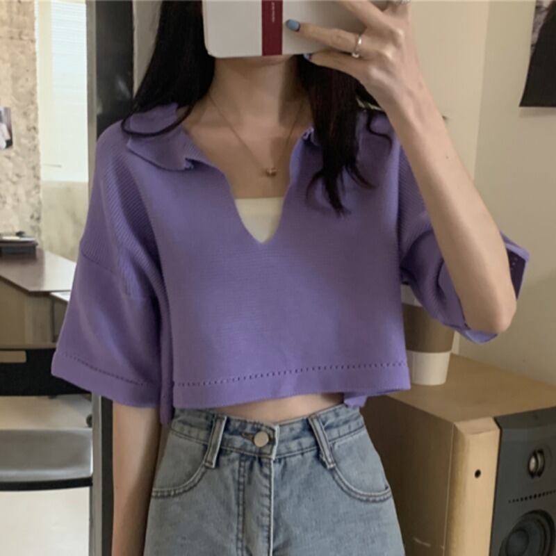 サマープルオーバー ショートセーター Vネックトップス レディース 夏物 ハンチェンe41353920214