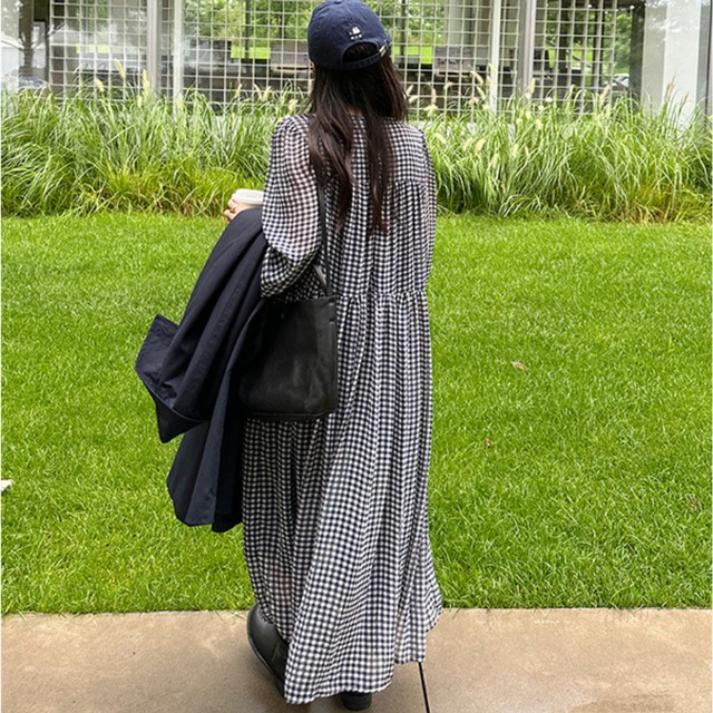 gathered check long one-piece　J00225