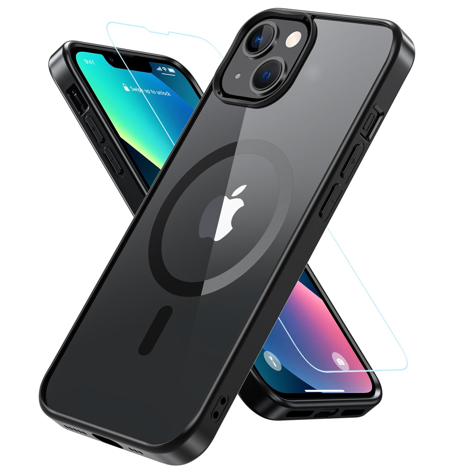 BESINPO iPhone13 ケース iPhone14 ケース ガラスフィルム付き MagSafe対応 黄ばみなし 6.1インチ ブラック+クリア