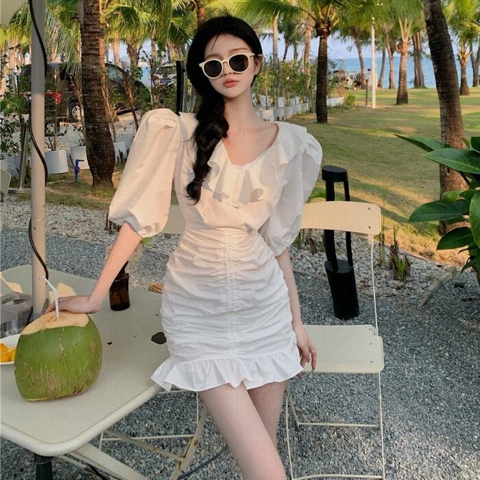 スリーブウェストドレス 薄手ホワイトショートスカート ドラファッションホール10811224192