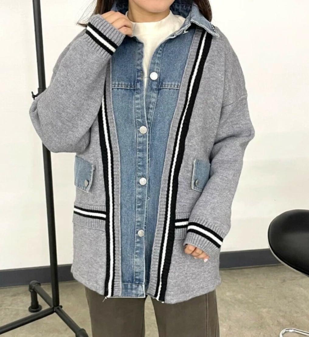 ナンバーミーTOKYO"DENIM DOCKING LINE CARDIGAN"GRAY