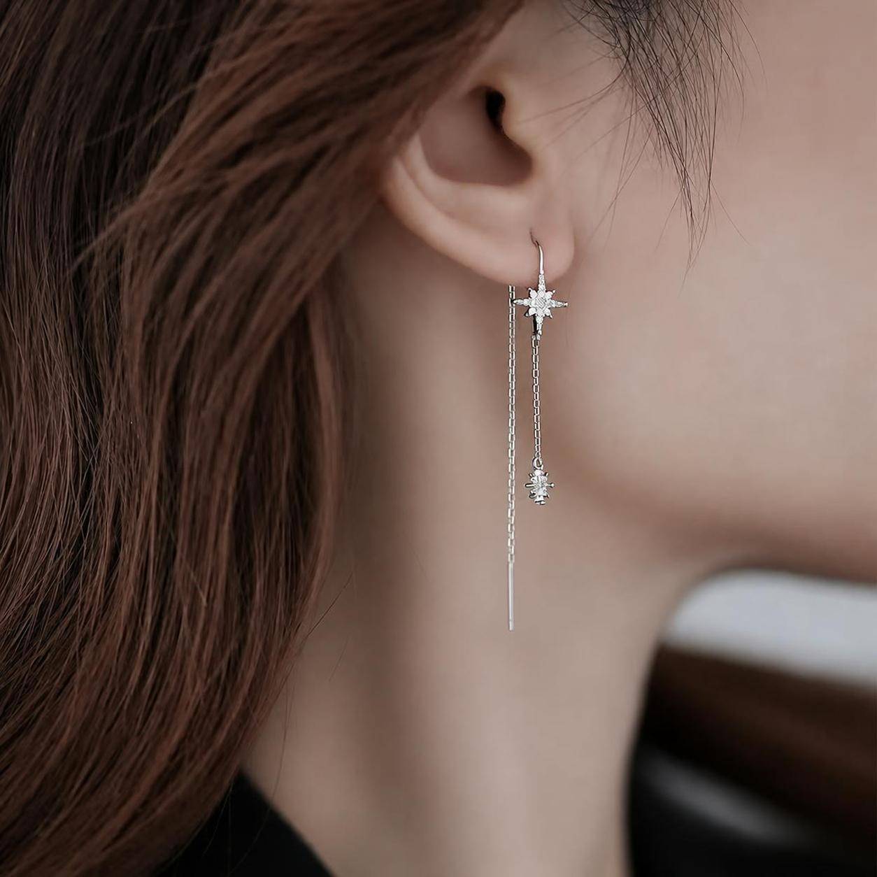S925シルバー スターイヤーカーブ レディース 八芒星モチーフ ビジュー付き ロングタッセルチェーン シルバー 揺れるピアス 上品 パーティー プレゼント