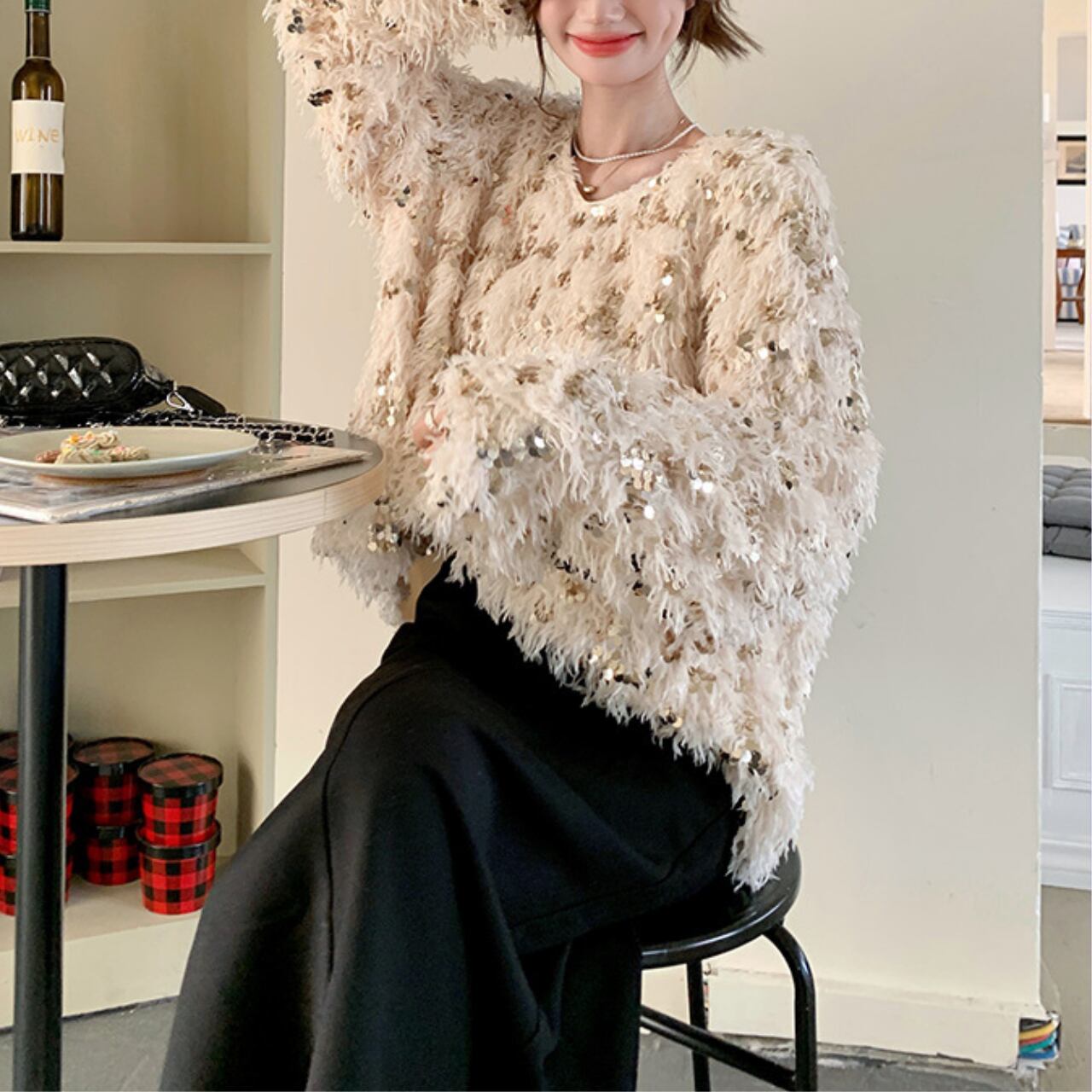 フェザーグリッター ニットトップス T167