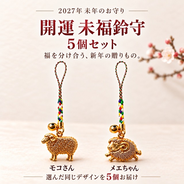 開運 未福鈴守 モコさん・メエちゃん｜2027年 干支・未年 根付お守り 羊 招福 厄除け 縁起物 宝来鈴付き 5色編み紐 金色 キャスト製 まとめ買い 配布用 未年生まれ 年男 年女 プレゼント ギフト 5個セット