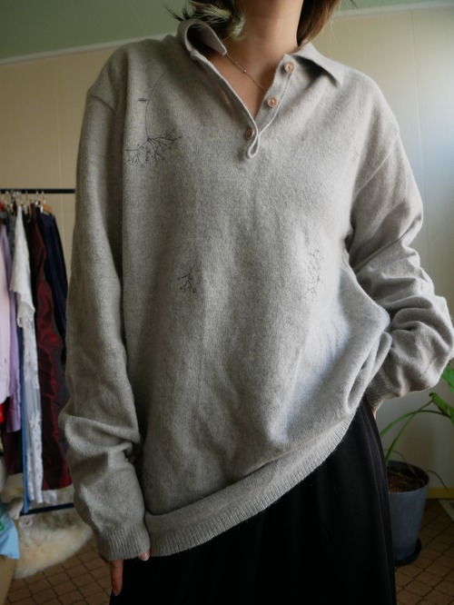 80s-90s Italy Made Angora Merino Wool Floral Embroidery Knit Polo