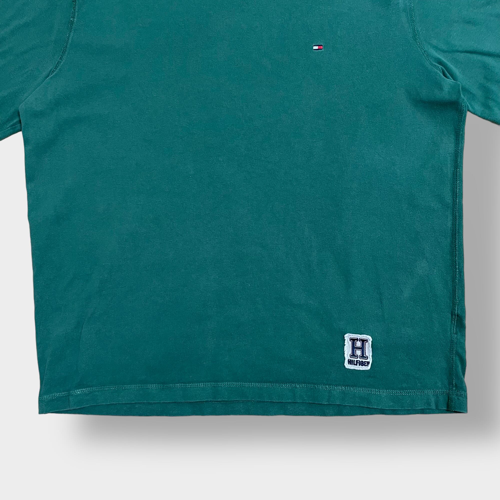 トミーヒルフィガー☆ワンポイント刺繍ロゴ半袖チェック柄パッチワークシャツ 90s