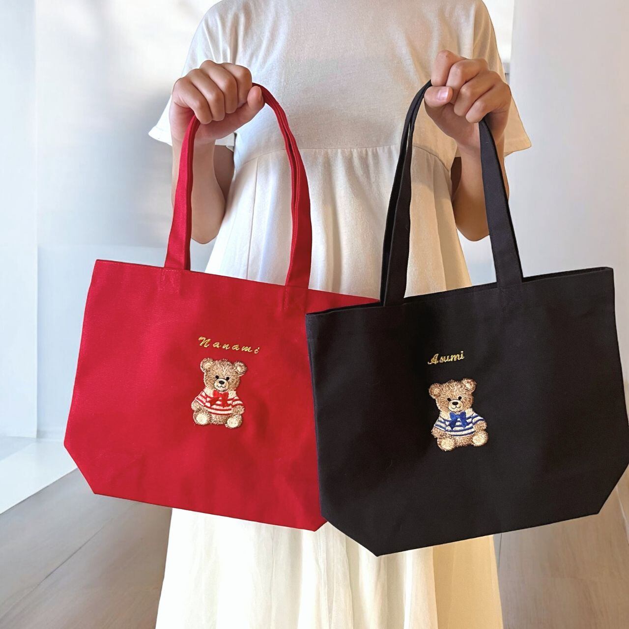 使いやすいMサイズ 名入れができる テディベア柄 トートバッグ | nekko2011