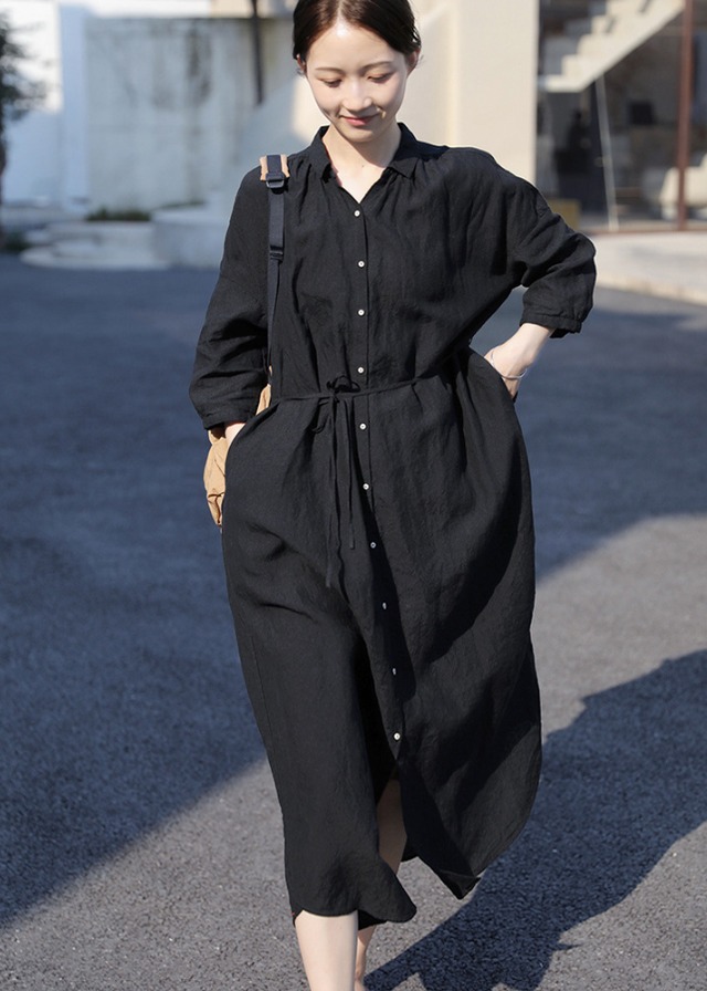 フレンチリネン ウエストリボン ロングシャツワンピース