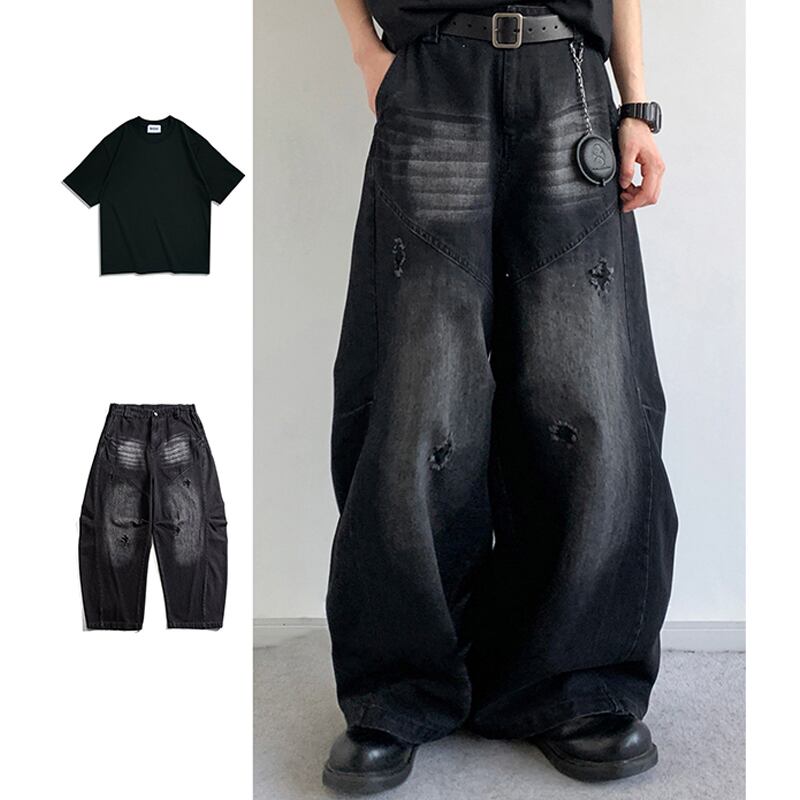 jiwuusダメージ加工デニムストリートパンツ