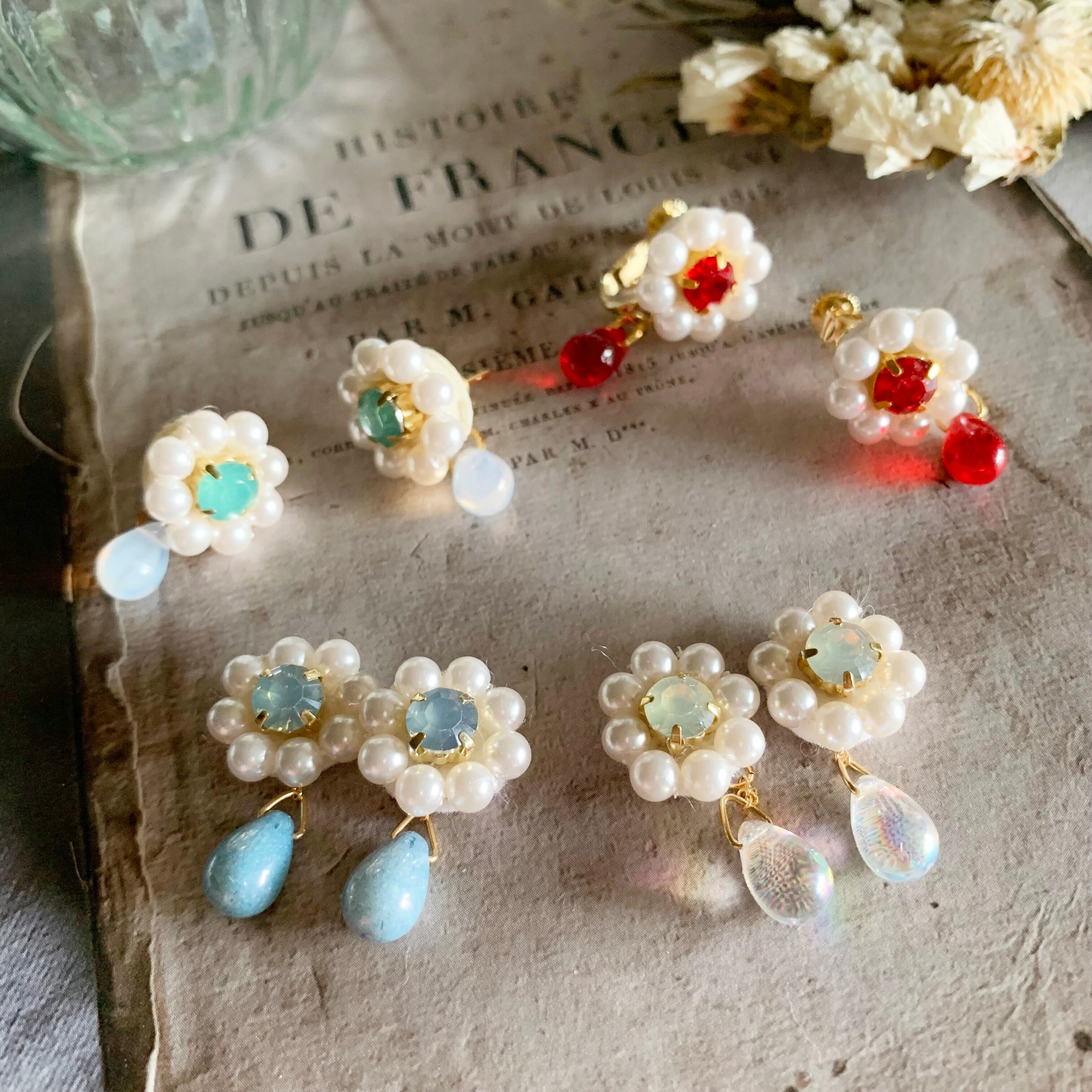 カレット 2way パール×チェコガラスビーズ 小さな ピアス/イヤリング