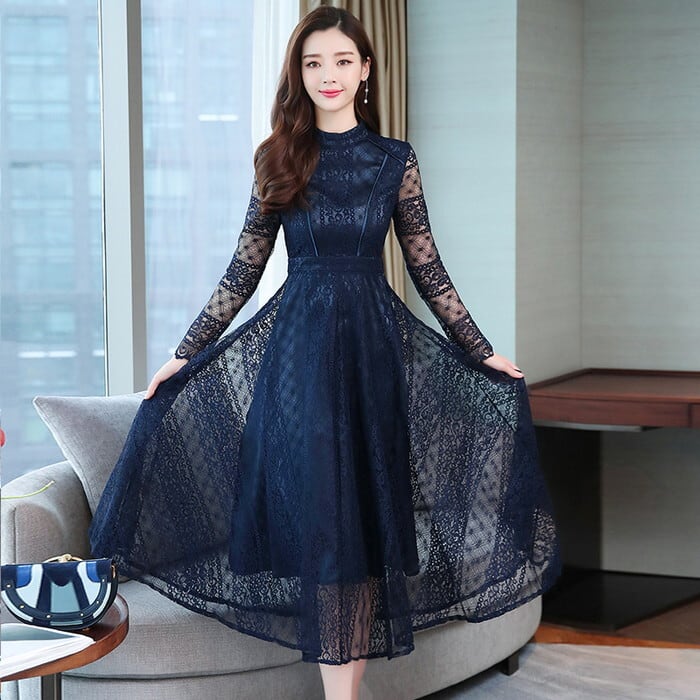 ワンピース ワンピースドレス フレアロングワンピース レースワンピース 総レースワンピース 長袖 ミモレ丈 ミモレワンピース 大人 上品 エレガント お呼ばれ 二次会 食事会 秋 冬 2色 P6264 Kirari きらり