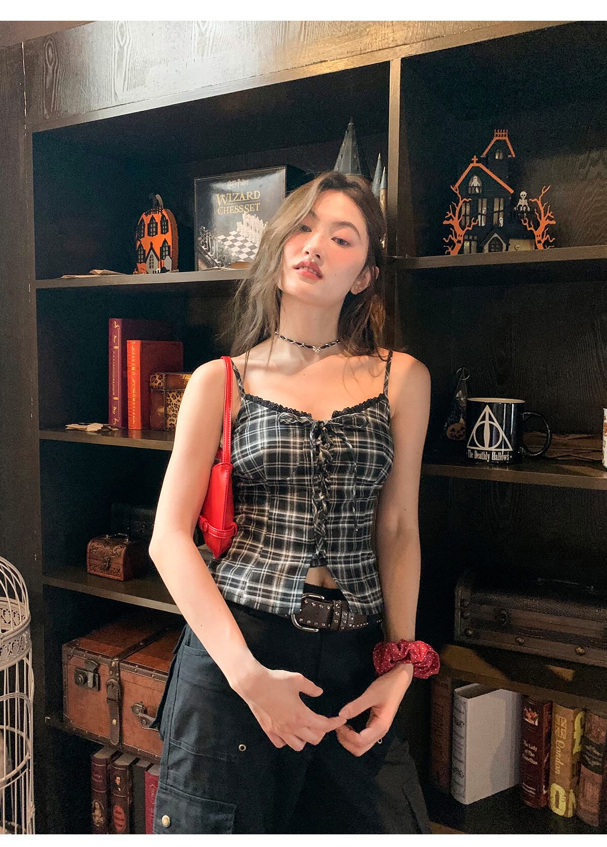 トップス キャミソール チェック柄 レース 袖あり レトロ バレエコア