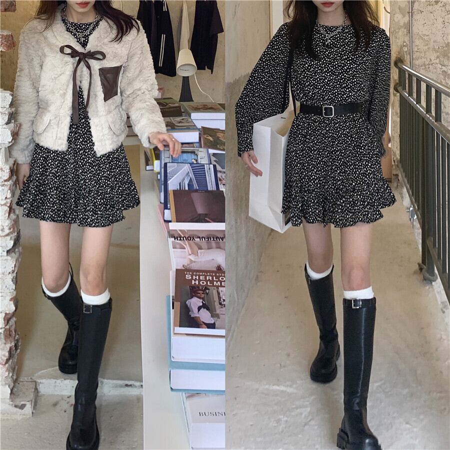 オータムシフォン水玉Aラインフローラルドレス スカート ショートウールコート 秋物 花柄 クレセントシティ78332976208