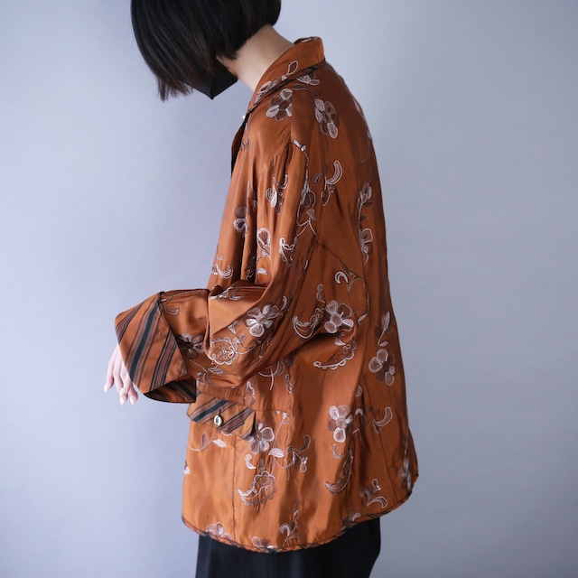 "刺繍" flower pattern gloss fabric loose silhouette shirt jacket