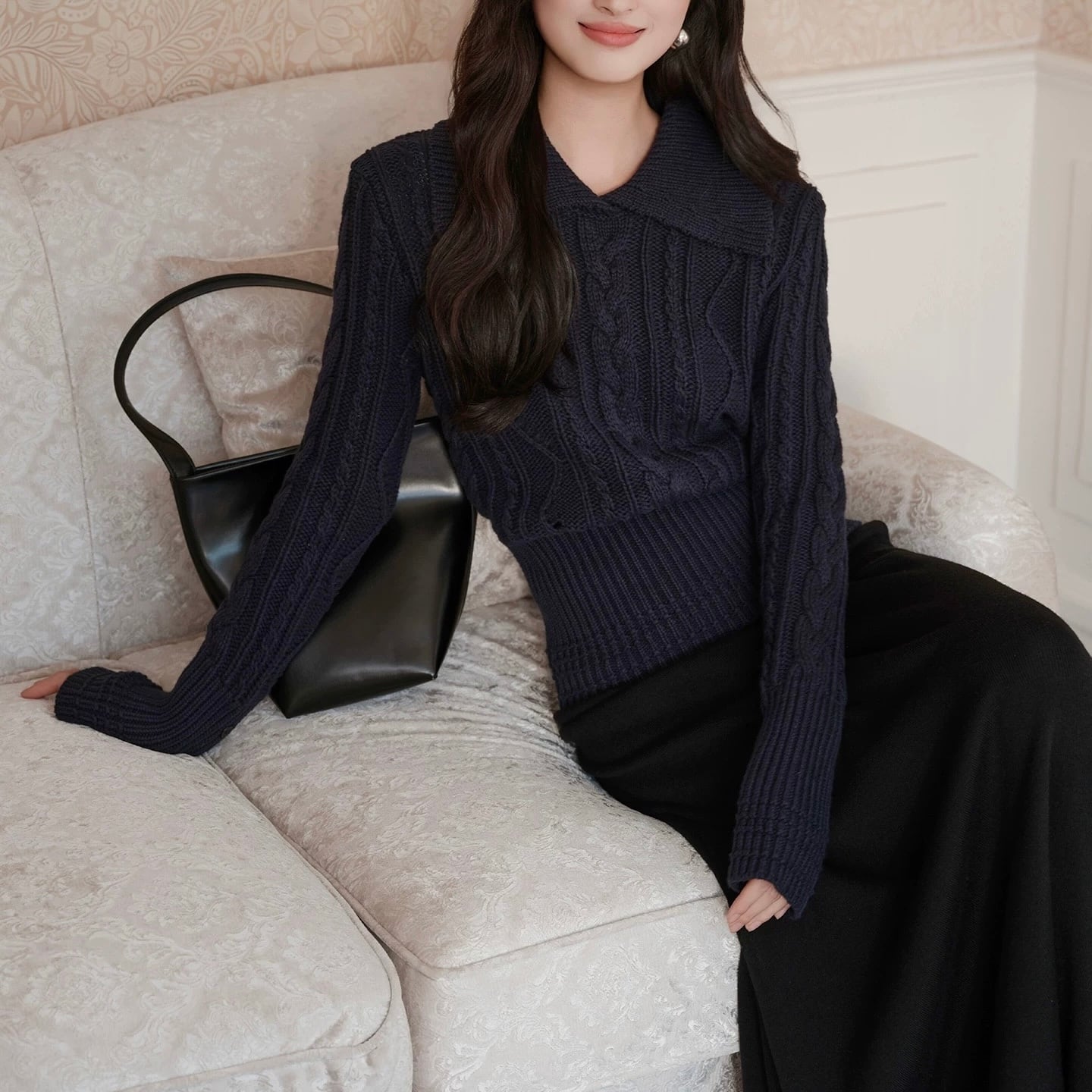 長袖 オープンカラー ニットショートポロシャツ YH9700