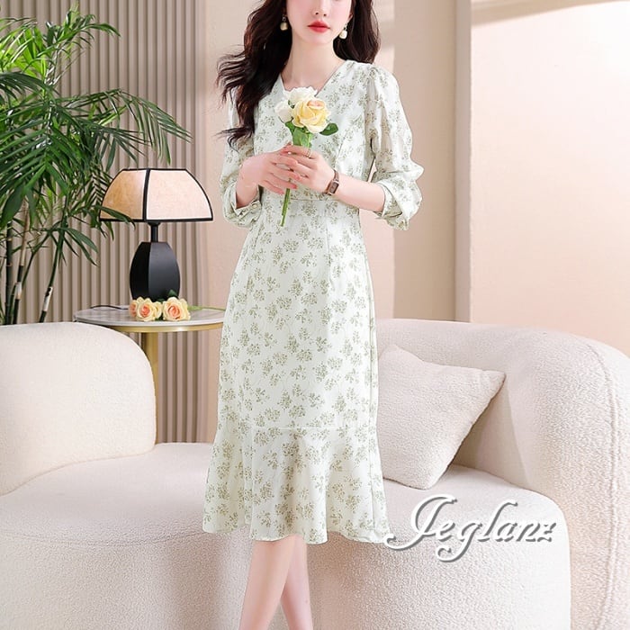 シフォン ティアード ワンピース ひざ下 きれいめ 紐ベルト(M6191)α