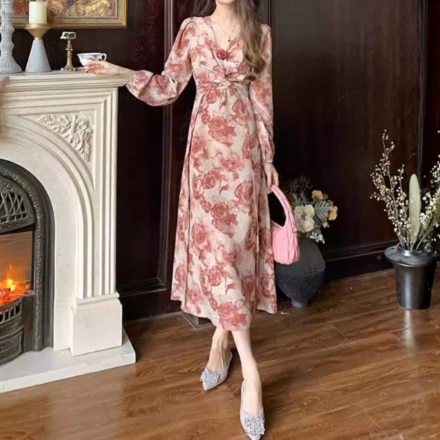 Cross strap elegant floral long dress