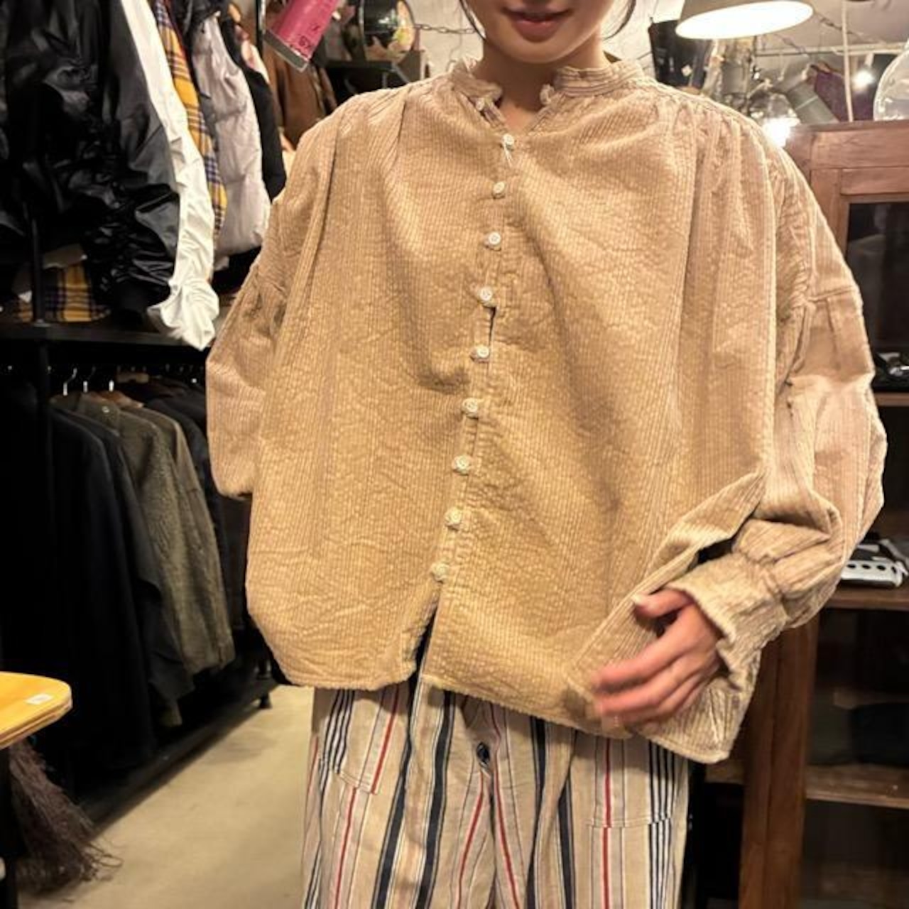 UNIVERSAL TISSU Parent-Child Corduroy Shirred Blouse, Beige/Brown, Long Sleeve Blouse, Balloon Sleeves, Oversized