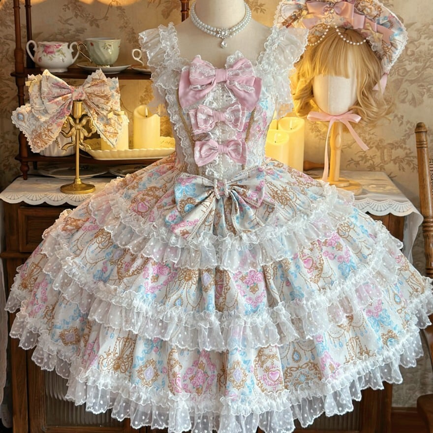 甘ロリ 花柄 JSK ピンク×パープル 多層フリル レース 姫系 ロリータ