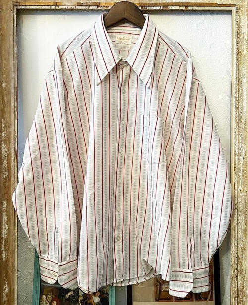 70's "Marlboro" stripe design polyester shirts 【XL】