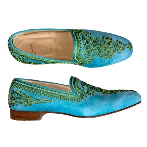 CHRISTIAN LOUBOUTIN turquoise color suede embroidery shoes
