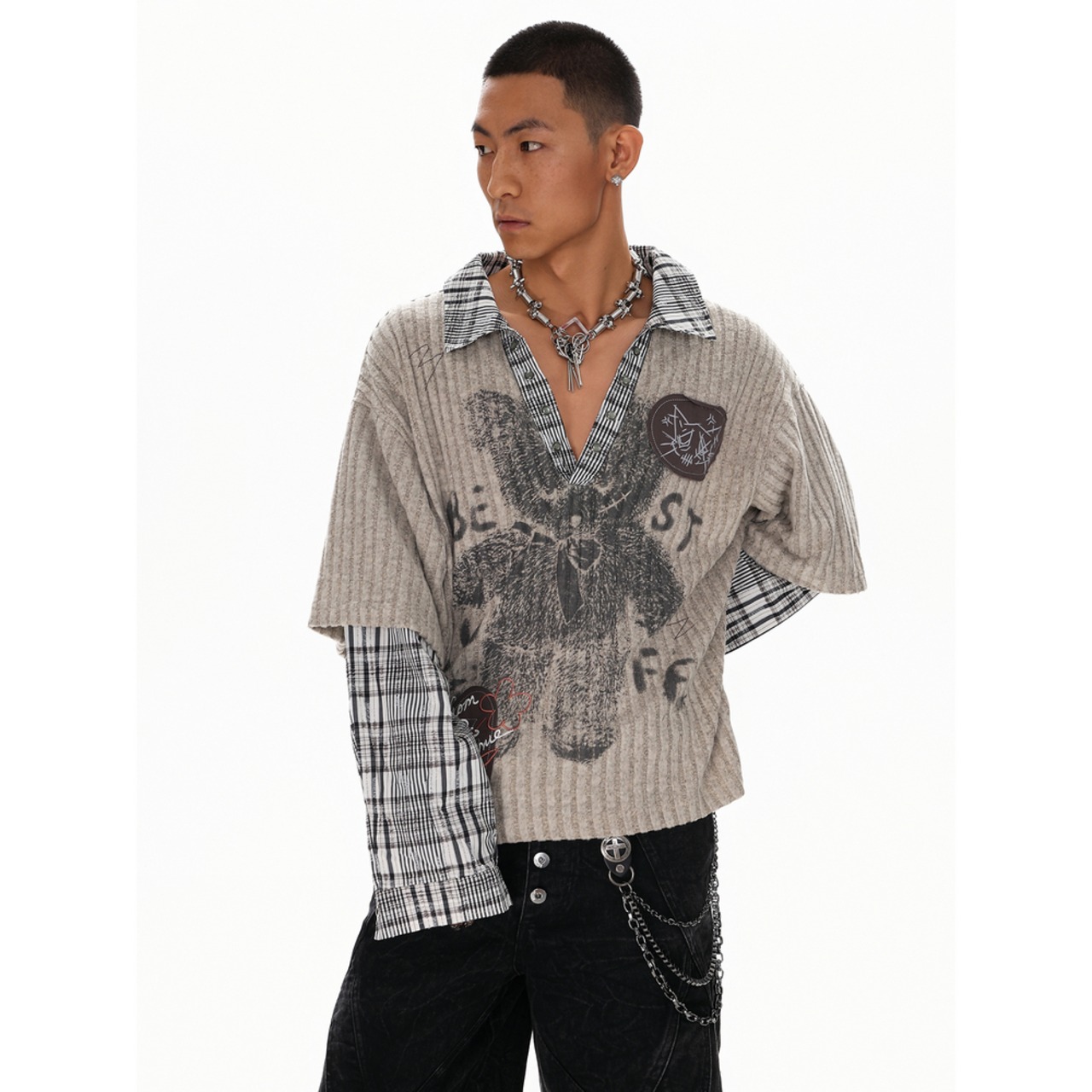 VINTAGE ストリート フェイクレイヤード ニットシャツ T1882