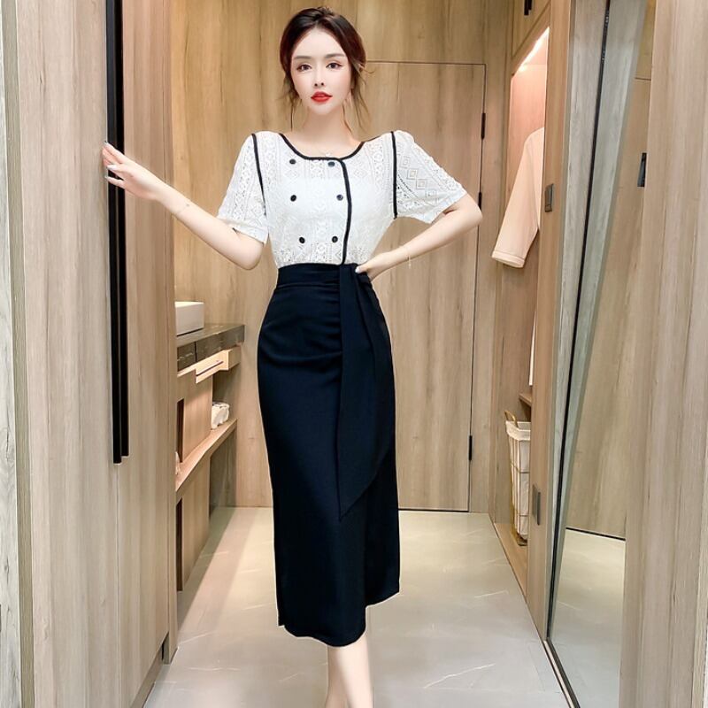 サマーレースシャツ ハイウェストウェストスリムスカート 夏物 スリムヒップ ハンチェンe14983345129