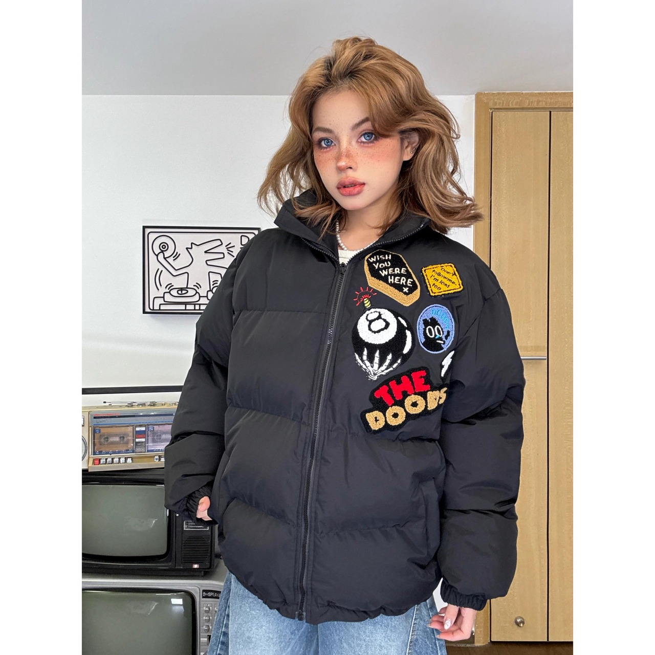 【暖かさUP】ブラック8刺繍 中綿ジャケット T1396