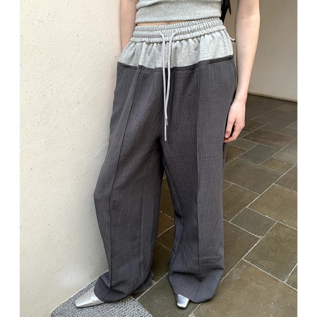 two-tone drawstring high waist wide pants　L0617