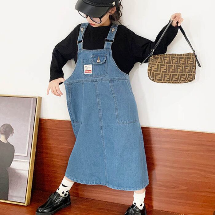 110 160cm ワンピース デニム素材 サロペット ロング丈 カジュアル A Dear Child