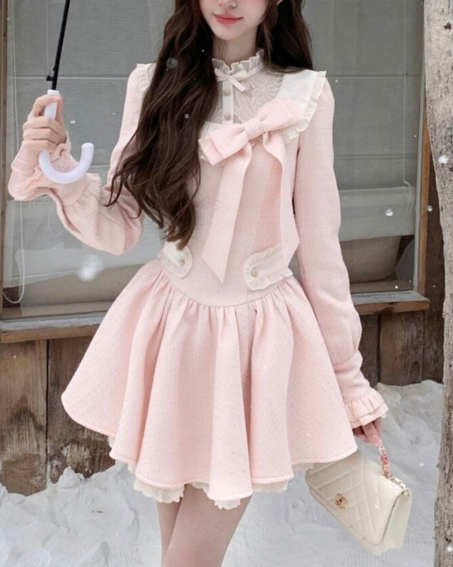 ピンクツイードフレアリボンワンピース　25W08308