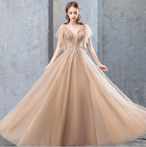 送料無料 未使用 発表会 演奏会 舞台衣装 結婚式 二次会 刺繍 チュール ロング丈 ドレス 9号 M [OPN1008]