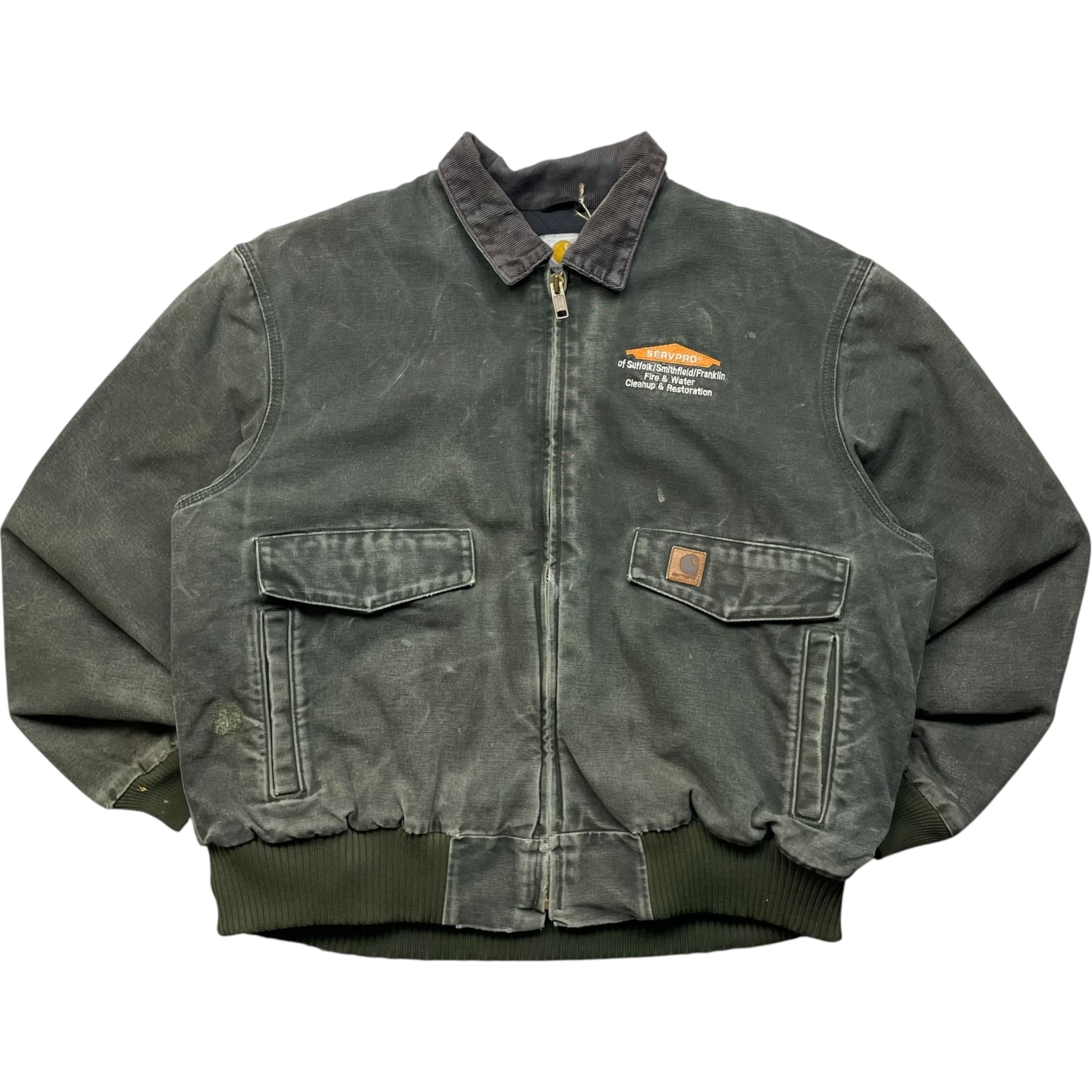 《XXL》 Carhartt カーハート 希少モデル 廃盤モデル ボンバージャケット ワークジャケット 企業刺繍 フェード モスグリーン no.8943