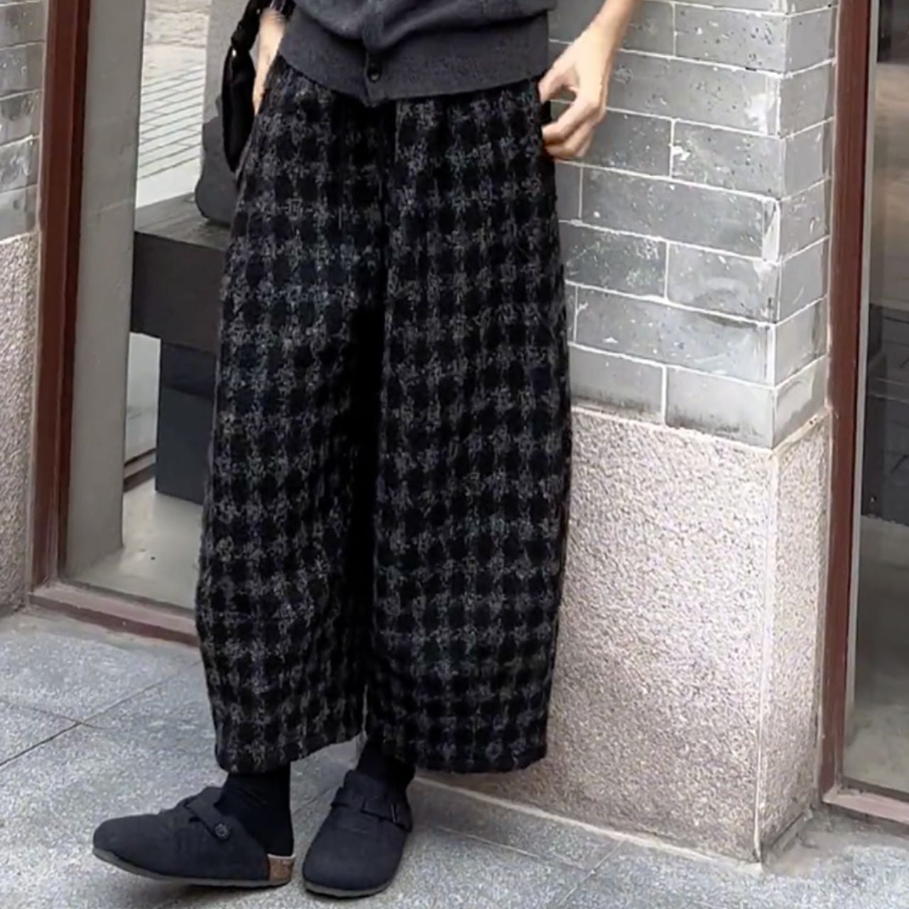 ふんわり起毛 チェック柄 ワイドパンツ Ln00410