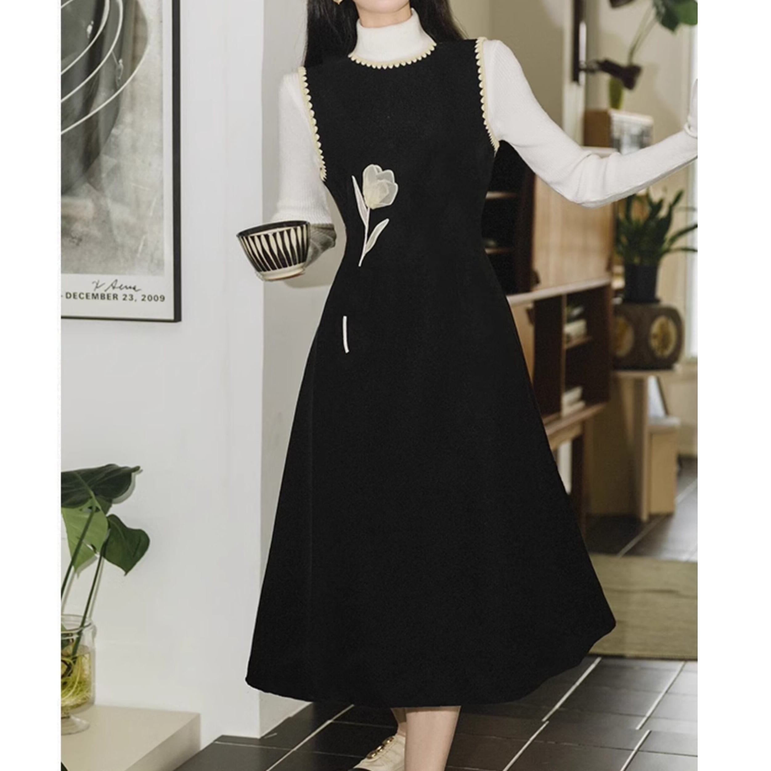 Piping stitch knit dress tops setup*S-2