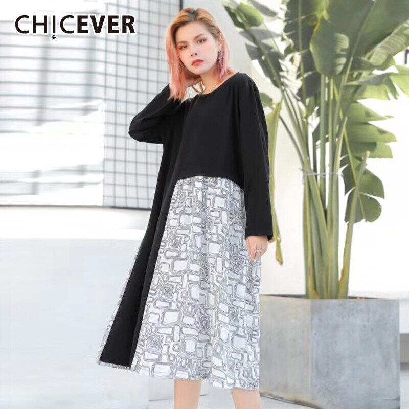 CHICEVERパッチワークプリントドレス女性Oネック長袖ルーズオーバーサイズミディドレス2020春服 ロング スプリング 春物 6base538936088808
