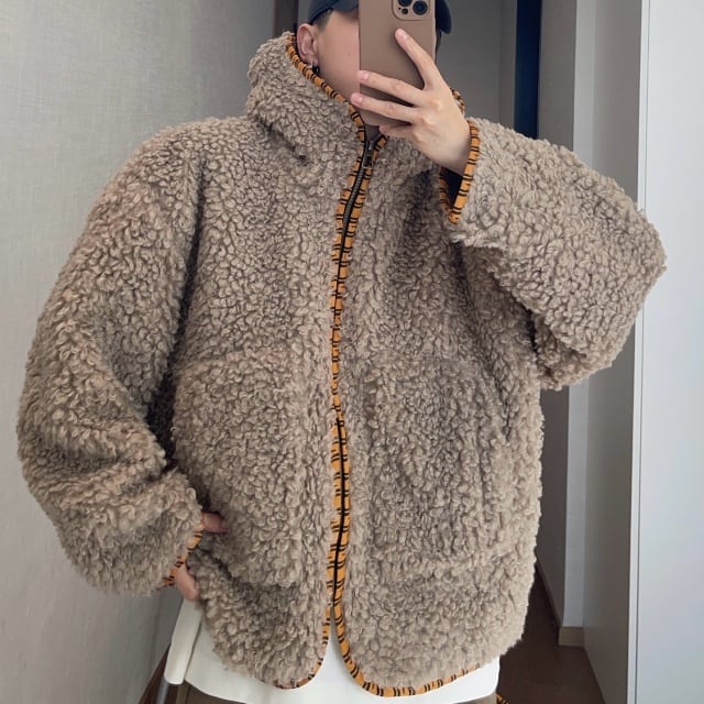 【予約販売】ボアブルゾン アウター パーカー フード付き 総ボア もこもこ 無地 ブラウン ベージュ 冬 防寒 ジャケット ショート丈 メンズ カジュアル 男前 こなれ感 お洒落 韓国 トレンド 秋 冬 M/L/XL/2XL