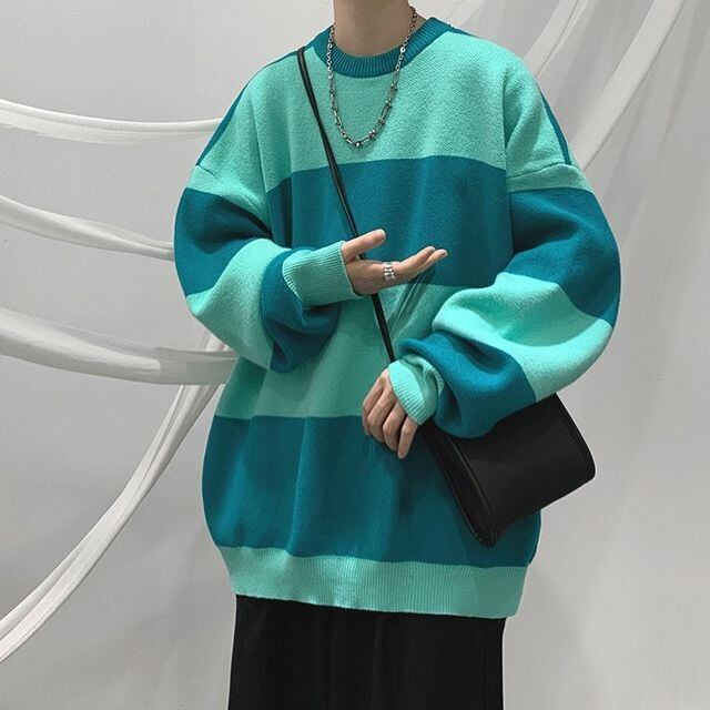 【予約販売】ニット オーバーサイズ ボーダー バイカラー メンズ シンプル グレー ブラック グリーン セーター こなれ感 お洒落 韓国 トレンド 秋冬 M/L/XL/2XL