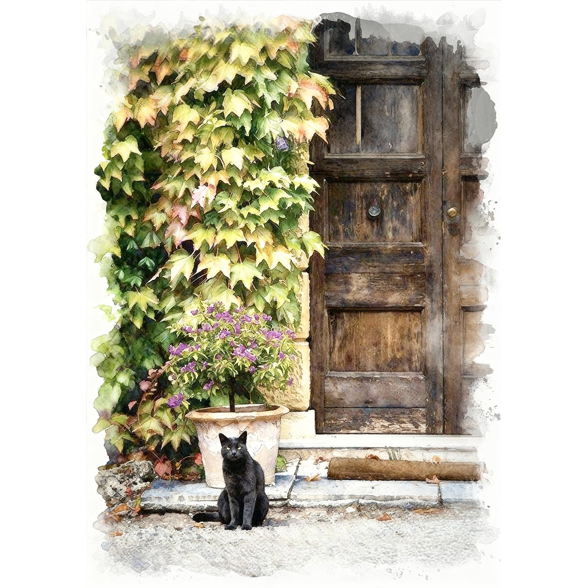 絵画 動物 街中の猫 インテリアアート額付き 水彩画風 WAT1786