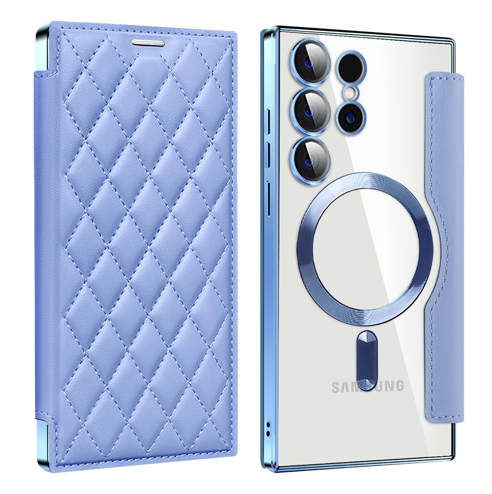 Galaxy S25 Ultra 用 ケース RFID 手帳型 財布型 背面透明 Magsafe対応 カードポケット付き ギャラクシーS25 Ultra 用 携帯カバー カード収納 スマホケース 高級レザー 耐衝撃 全面保護(ライトブルー)