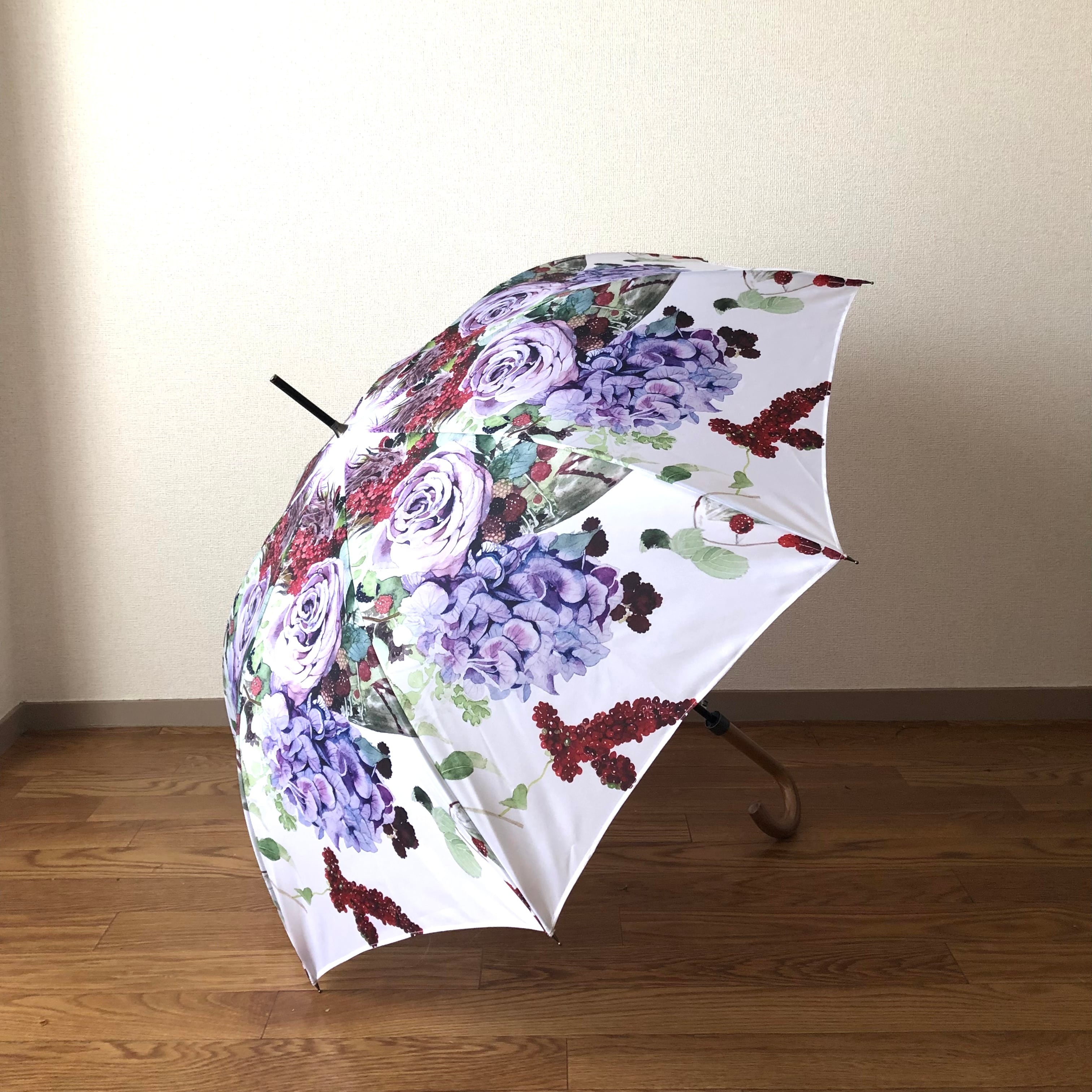 【受注生産】薄紫のバラとアーティチョークの花　雨傘 - Light purple roses and artichoke flowers  umbrella